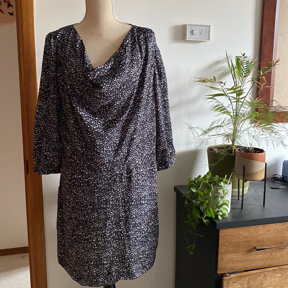 NWT Gap Black Gray blue Women Dress Size 12 animal Print 3/4 Sleeve